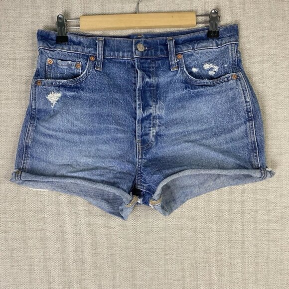 Gap Shorts Womens  8 Cheeky High Rise Button Fly Cut Offs Denim Blue Destroyed - Picture 1 of 9